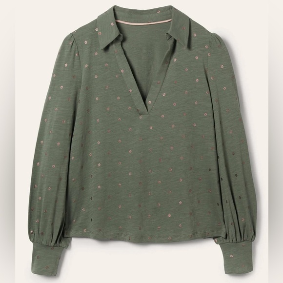 Boden Cotton Collared Notch Neck Cotton Top Alder Foil Flower Size 16/18 - Picture 4 of 9